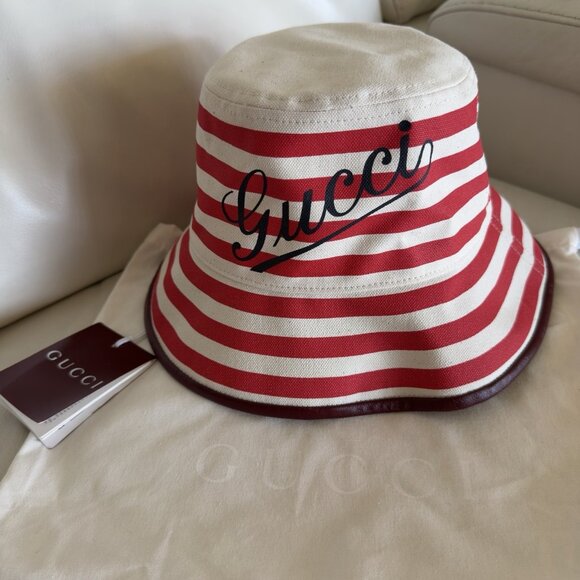 NWT Gucci Striped Canvas Bucket Hat Red White Sz S 100% Authentic - Picture 3 of 9